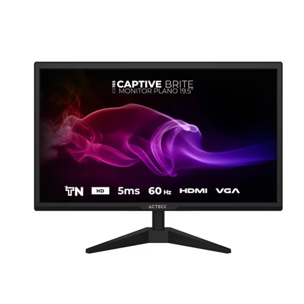 MONITOR ACTECK CAPTIVE BRITE CB195 / 19.5 PUL / PLANO / LED / HD 1600 X 900 / 60 HZ / 5 MS / VGA - HDMI - DC / 5 BOTONES / INCLINACION AJUSTABLE / VESA 75 / NEGRO / AC-939409