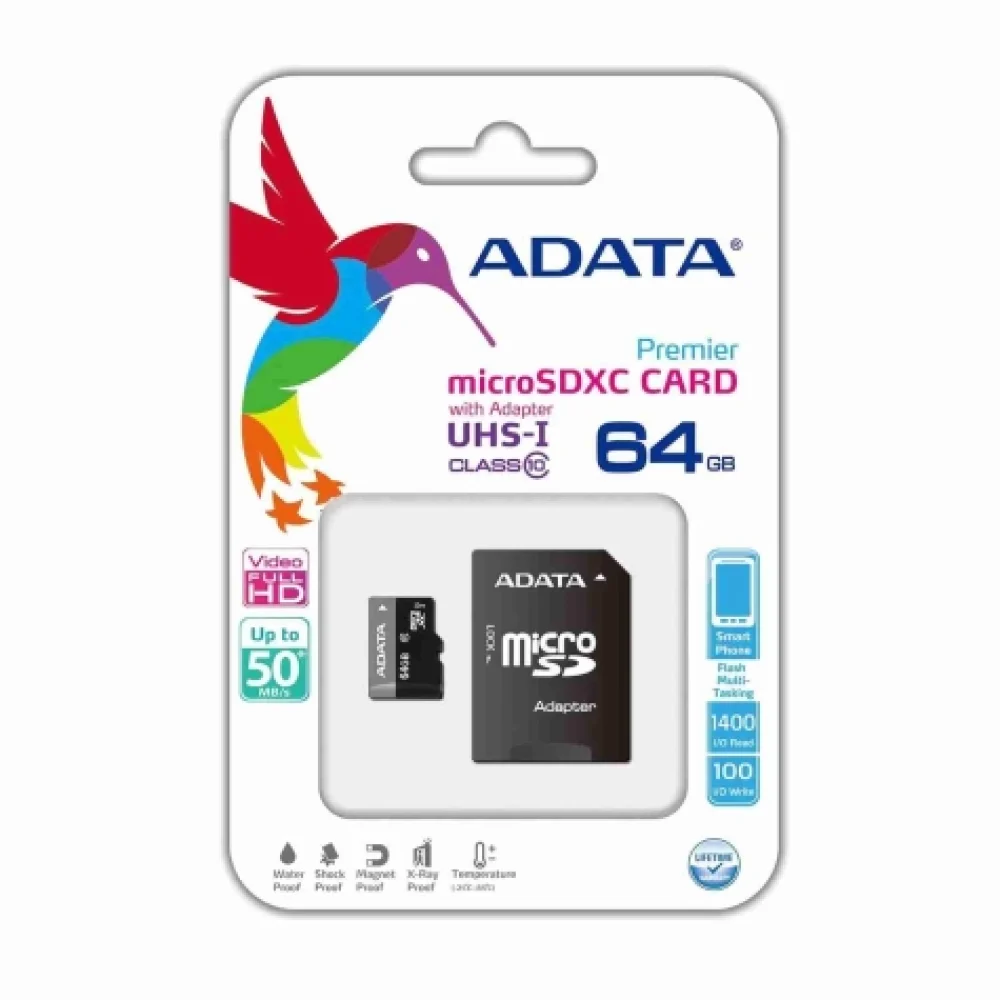MEMORIA ADATA MICRO SDHC 64GB UHS-I CLASE 10 C/ADAPTADOR AUSDX64GUICL10-RA1