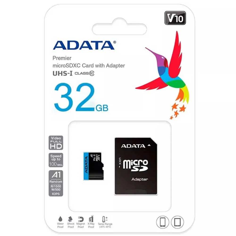 MEMORIA ADATA MICRO SDXC/SDHC 32GB UHS-I 100MB/25MB CLASE 10 V10 A1 C/ADAPTADOR AUSDH32GUICL10A1-RA1