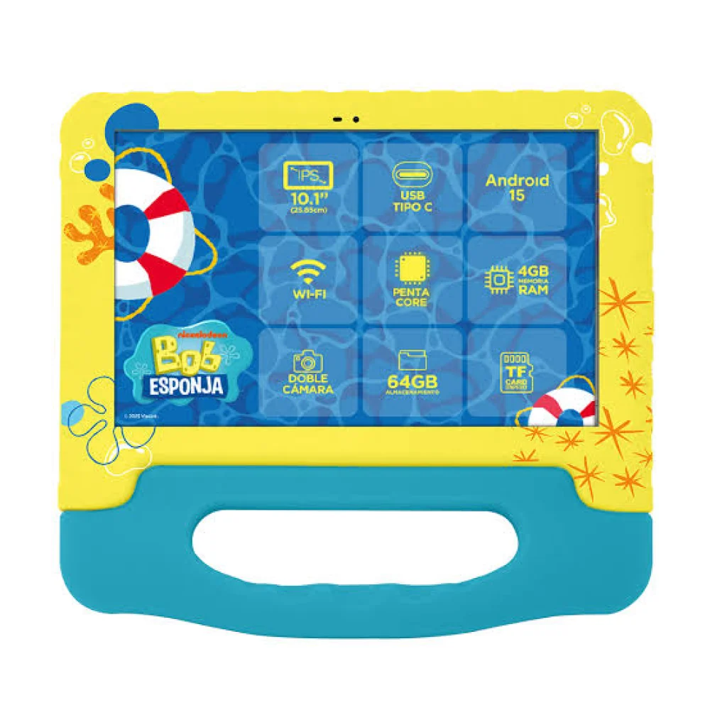 TABLETA BOB ESPONJA 10.1 CON CASE AMARILLO / A333 PENTACORE/ 4GB RAM/ 64GB / DOBLE CAMARA/ WIFI/ BLUETOOTH/6000MAH / ANDROID 15
