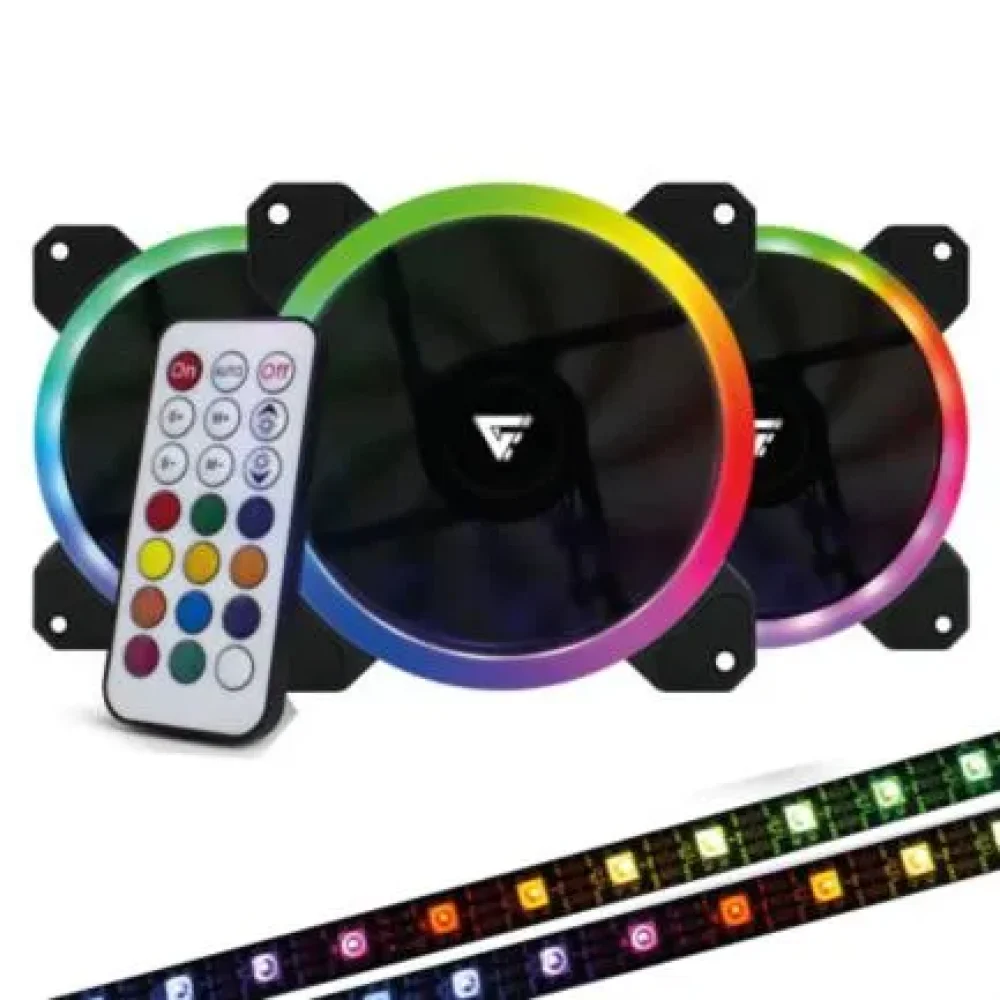 KIT VENTILADORES GAME FACTOR FKG400, 3 FANS 120MM, RGB, 2 TIRAS LED, CONTROL REMOTO