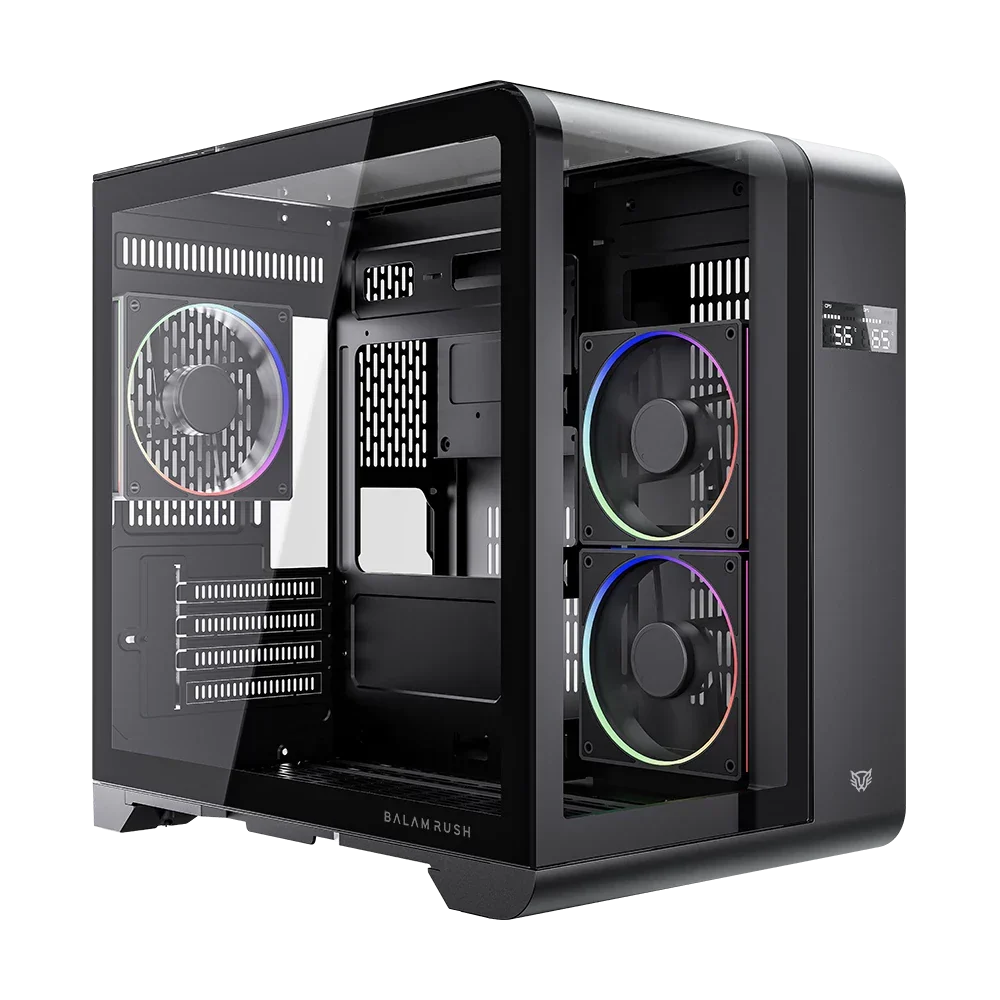 GABINETE GAMER BALAM RUSH TANK EXPERT CURVE 6400 / MINI TORRE / MATX - ITX / VENTILADOR ARGB X3 / MAX GPU 350 MM / PANEL DE CRISTAL - FILTRO DE POLVO / PANTALLA DIGITAL / NEGRO / BR-941617
