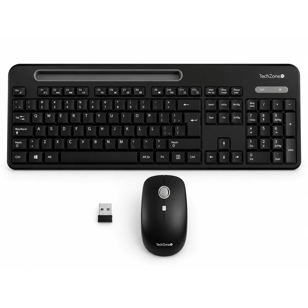 KIT TECLADO Y MOUSE - TECHZONE - TZCOMBINA06 - INALAMBRICO USB A - BATERIAS AA/AAA - RANURA SOPORTE PARA MOVIL 8 PULGADAS