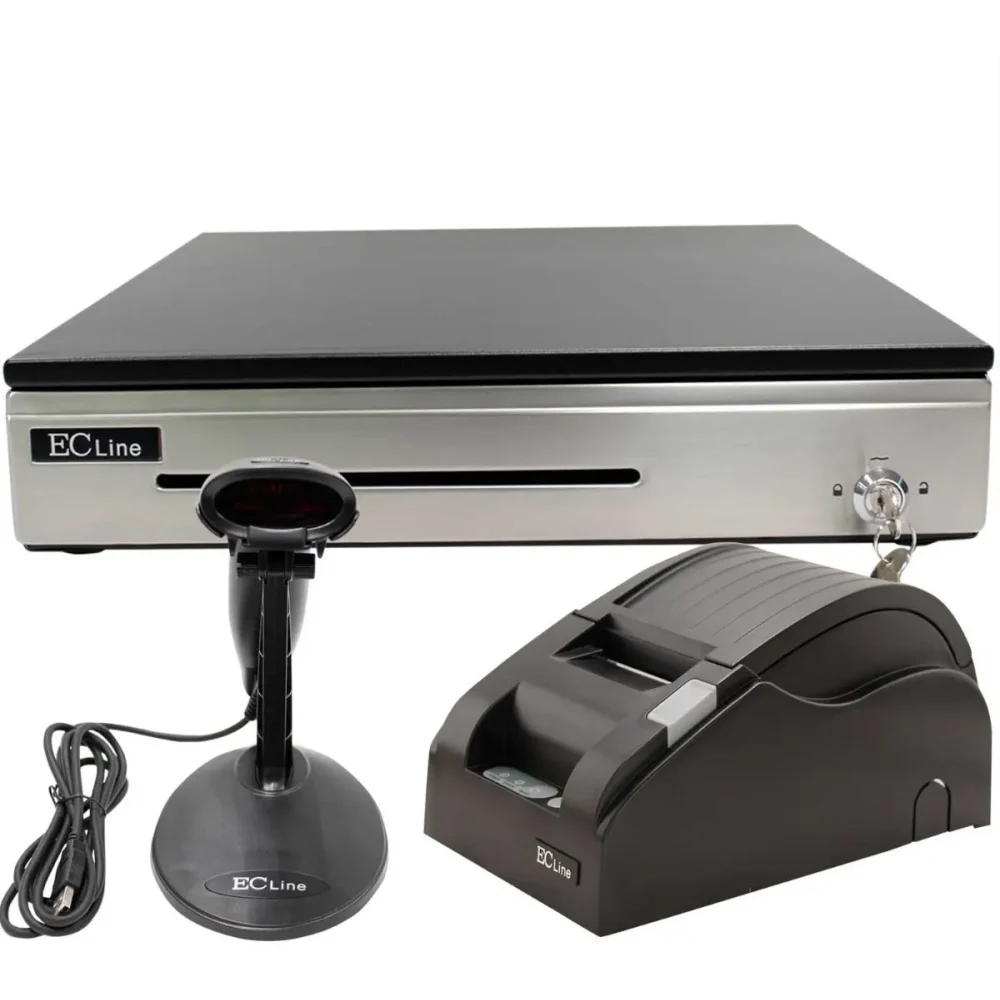 EL KIT PUNTO DE VENTA EC LINE, INCLUYE LECTOR 1D, CAJON DE DINERO 4 BILLETES, 8 MONEDAS E IMPRESORA TRMICA DE 58 MM.