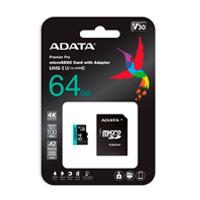 MEMORIA ADATA MICRO SDXC / SDHC 64GB UHS-I 100MB / 80MB CLASE 10 V30 A2 C / ADAPTADOR (AUSDX64GUI3V30SA2-RA1)
